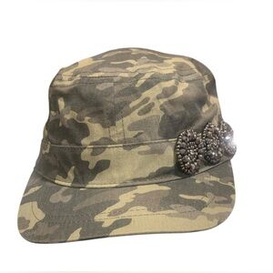 Beaded Embelished Multi Green Camouflage Hat One Size Elastic Back Band